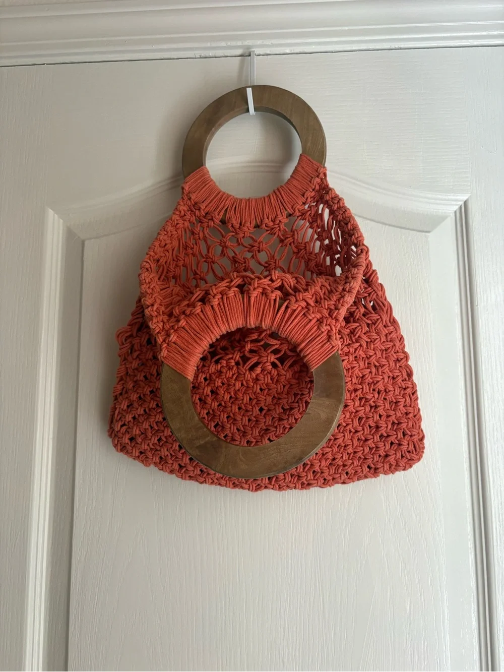 A New Day Target Coral Macrame Tote Bag Wooden Handles Boho Excellent